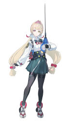 1girl absurdres alice_thymefield animal_ears black_gloves black_pantyhose blonde_hair blue_skirt breasts closed_mouth collared_shirt echj fingerless_gloves full_body gloves hair_ornament heterochromia highres holding holding_sword holding_weapon long_hair long_sleeves pantyhose pom_pom_(clothes) pom_pom_hair_ornament rapier red_eyes shirt shoes shorts skirt sneakers solo sword twintails very_long_hair weapon white_background white_shirt yellow_eyes zenless_zone_zero