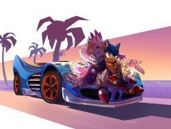 1boy 1girl animal_ears blaze_the_cat car cat_ears cat_girl commission derivative_work ebettoran furry furry_female furry_male gloves grand_theft_auto grand_theft_auto_vi green_eyes hand_around_neck highres motor_vehicle palm_tree second-party_source simple_background sitting smile sonic_&amp;_all-stars_racing_transformed sonic_(series) sonic_the_hedgehog tree yellow_eyes