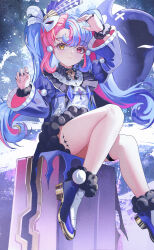 1girl absurdres blue_hair chinese_commentary closed_mouth coat commentary_request eye_mask film_grain hands_up heterochromia highres long_hair looking_at_viewer mask mask_on_head multicolored_hair no_pussy on_suitcase pero_(wuthering_waves) pink_eyes pink_hair purple_coat purple_shoes revision roccia_(wuthering_waves) shoes sitting smile suitcase symbol-shaped_pupils tacet_mark_(wuthering_waves) twintails two-tone_hair wuthering_waves wuzhihuijia x-shaped_pupils yellow_eyes