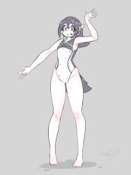 1girl arm_up armpits barefoot black_hair cherushi_2 full_body grey_background headphones highres humboldt_penguin_(kemono_friends) kemono_friends kemono_friends_v_project long_hair looking_at_viewer microphone multicolored_hair penguin_girl penguin_tail simple_background solo streaked_hair swimsuit tail virtual_youtuber yellow_eyes zipper