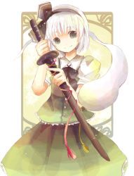 1girl bad_id bad_pixiv_id female_focus green_eyes hair_ribbon hitodama ichitaro katana konpaku_youmu konpaku_youmu_(ghost) ribbon smile solo sword touhou weapon white_hair