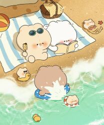 Rule 34 | 5others, animal, artist name, baby animal, ball, beach, beach mat, beachball, bear, bird, book, chibi, closed eyes, day, duck, duckling, food, highres, kocobear, lifebuoy, multiple others, no humans, ocean, original, outdoors, picnic basket, popsicle, reading, sand, sand sculpture, sitting, solid circle eyes, splashing, starfish, swim ring, wading, water