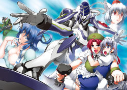 6+girls animal_ears apron aqua_eyes arms_around_neck beret blue_eyes blue_hair blush braid breasts cleavage controller crossover driving eureka_seven eureka_seven_(series) finger_to_mouth frilled_skirt frills garter_straps gundam hair_ornament hair_ribbon hair_rings hair_stick hat henshako highres holding hong_meiling inubashiri_momiji izayoi_sakuya joystick kaku_seiga korean_text long_hair looking_away lying_on_person maid maid_apron maid_headdress mecha mechanization medium_breasts mobile_suit_gundam mononobe_no_futo multiple_girls nirvash nirvash_typezero open_mouth parody piloting pom_pom_(clothes) projected_inset puffy_sleeves red_eyes red_hair ribbon robot short_hair short_sleeves skirt small_breasts soga_no_tojiko star_(symbol) tate_eboshi thighhighs tokin_hat touhou twin_braids vest waist_apron white_hair white_legwear wolf_ears wristband zeong zettai_ryouiki