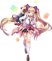 1girl animal_ears artist_request backpack bag blonde_hair blue_eyes bracelet breasts clothes_around_waist ear_piercing fake_animal_ears full_body glass headphones highres jewelry kamihime_project_r larg large_breasts long_hair necklace necktie one_eye_closed open_mouth piercing school_uniform shoes siegfried_(kamihime_project_r) skirt smile smoothie socks star_(symbol) straw sweater sweater_around_waist transparent_background twintails white_socks