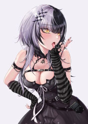 1girl absurdres arm_strap black_arm_warmers black_choker black_dress black_hair black_nails breasts choker cleavage dress grey_background grey_hair highres hololive hololive_english jewelry large_breasts long_hair looking_at_viewer multicolored_hair open_mouth ribbon ring shiori_novella shiori_novella_(1st_costume) simple_background solo split-color_hair striped_arm_warmers tongue tongue_out two-tone_hair virtual_youtuber white_hair white_ribbon yellow_eyes yorick_(shiori_novella) zolomon_(jarvis_lin)