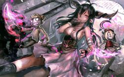 1girl antenna_hair bandaged_arm bandages black_gloves black_hair breasts cleavage commentary_request danua doll draph dress fingerless_gloves gloves granblue_fantasy gretel_(granblue_fantasy) hair_between_eyes hansel_(granblue_fantasy) horns jewelry long_hair looking_at_viewer necklace organ_derwald pointy_ears red_eyes solo standing thumb_sucking thumb_to_mouth white_dress