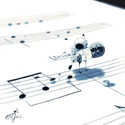 1other absurdres astronaut bottle helmet highres holding holding_bottle ink kazunoko_(kazunoko_zunoco) musical_note original pouring shadow sheet_music space_helmet standing