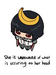 1girl banana black_coat black_hair black_pants black_shoes blue_sky bob_cut cigarette coat coat_on_shoulders collared_shirt commentary english_text food fruit he_is_unaware_of_what_is_occuring_on_his_head_(meme) highres limbus_company meme pants project_moon r_breadd red_eyes ryoshu_(project_moon) shirt shoes short_hair simple_background sky solo symbol-only_commentary white_background white_shirt