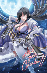 Rule 34 | 1girl, adam ryu ford, breasts, closed eyes, closed mouth, dual wielding, elbow gloves, gloves, gun, highres, hime cut, holding, holding gun, holding weapon, kaguya jingu, large breasts, leotard, long hair, purple leotard, squatting, strapless, strapless leotard, thighhighs, under night in-birth, weapon, white gloves, white thighhighs