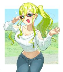 1girl absurdres adjusting_eyewear aqua_eyes blonde_hair blue_pants blue_sky blush border breasts chomahu collarbone day denim fingernails glasses hair_between_eyes hand_on_eyewear highres jeans kimi_no_koto_ga_dai_dai_dai_dai_daisuki_na_100-nin_no_kanojo long_hair long_sleeves midriff navel open_mouth outdoors pants ponytail red-framed_eyewear sidelocks sky smile solo sweater v-shaped_eyebrows white_border white_sweater yamato_nadeshiko_(hyakkano)