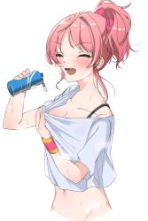 1girl bottle groin highres iyosan_(a-01) jougasaki_mika pink_hair smile sweat sweatdrop tagme water_bottle