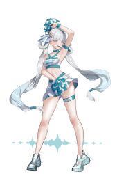Rule 34 | 1girl, absurdres, arm strap, arm up, armpits, blue bow, bow, breasts, cheerleader, chikarit, clothes writing, commentary request, crop top, earrings, hair bow, has bad revision, has downscaled revision, highres, holding, holding pom poms, jewelry, jinhsi (wuthering waves), low twintails, md5 mismatch, medium breasts, multiple hair bows, navel, pom pom (cheerleading), pom poms, resolution mismatch, shoes, simple background, skirt, smile, solo, source smaller, stomach, teeth, thigh strap, twintails, upper teeth only, white background, white hair, white shoes, white skirt, wuthering waves