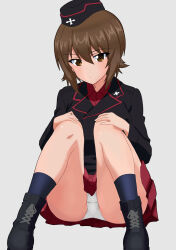 Rule 34 | 1girl, absurdres, ass, blush, breasts, brown eyes, brown hair, crotch, girls und panzer, hat, highres, kuromorimine military uniform, large breasts, looking at viewer, military hat, military uniform, miniskirt, nishizumi maho, panties, pantyshot, pleated skirt, red skirt, sesese mimi, short hair, simple background, sitting, skirt, solo, underwear, white background, white panties