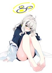 1girl artist_request ass bare_legs barefoot black_shirt blue_archive blush buttons embarrassed expressionless filamenstar full_body halo hare_(blue_archive) highres hood jacket off-shoulder_jacket off_shoulder on_ground shiny_skin shirt simple_background sitting thighs white_background white_hair white_jacket yellow_eyes yellow_halo