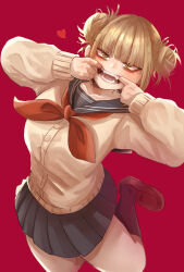1girl ayumu_(pixiv66340006) bags_under_eyes black_skirt black_socks blonde_hair blunt_bangs boku_no_hero_academia brown_shoes cardigan double_bun fangs hair_bun highres long_sleeves looking_at_viewer messy_hair mouth_pull neckerchief open_mouth red_background red_neckerchief sailor_collar school_uniform shoes simple_background skirt smile socks solo teeth toga_himiko yellow_cardigan yellow_eyes