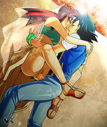 10s 1boy 1girl 2017 absurdres against_wall artist_name ash_ketchum ass bare_shoulders black_hair blue_eyes bottomless brown_eyes brown_hair clothed_sex dress dutch_angle eye_contact eyelashes feet fingerless_gloves gloves green_gloves hetero highres holding jadenkaiba leg_lock long_hair looking_at_another lying melody_(pokemon) nintendo no_panties no_socks on_back outdoors pants penis pokemon pokemon_(anime) pussy red_hair sandals sex shirt text_focus toes uncensored vaginal veil wall
