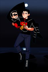 2boys black_hair blue_eyes cape carrying dc_comics denim domino_mask flying gloves jeans male_focus mask moon multiple_boys night ocean pants robin_(dc) superboy tim_drake young_justice young_justice:_invasion