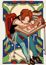 Rule 34 | 1boy, absurdres, against desk, aoi akane, arm rest, black sweater vest, book, book stack, border, brown shoes, chair, closed eyes, crossed arms, denim, full body, hanoyuta, head rest, highres, holding, holding pencil, jeans, jibaku shounen hanako-kun, layered clothes, leaning forward, long sleeves, male focus, multicolored background, no eyewear, official art, on chair, open book, ornate border, outside border, pants, parted bangs, parted hair, parted lips, pencil, pencil case, shirt, shoes, short hair, sleeping, solo, sweater vest, white shirt