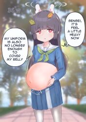 Rule 34 | 1girl, ahoge, animal ears, artist name, big belly, black hair, blue archive, blush, english text, fake animal ears, halo, highres, hime cut, inflation, leaf, leaf on head, long hair, long sleeves, looking at viewer, miyu (blue archive), mochii89, navel, open mouth, pantyhose, pregnancy halo, pregnant, red eyes, school uniform, serafuku, skirt, solo, stomach, variant set