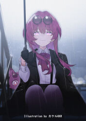 1girl aged_down animalization artist_name black_jacket cat chinese_commentary closed_mouth collared_shirt commentary_request dual_persona eyewear_on_head glasses highres holding holding_umbrella honkai:_star_rail honkai_(series) jacket kafka_(honkai:_star_rail) long_hair looking_at_viewer pantyhose person_and_animalization pince-nez purple_eyes purple_hair purple_pantyhose rain round_eyewear shirt sitting smile solo srpzk star_(symbol) sunglasses umbrella white_shirt