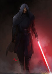 1boy alien black_boots black_cloak black_hood boots cloak energy_sword hifarry highres holding holding_sword holding_weapon hood hooded_cloak lightsaber looking_at_viewer red_lightsaber signature sith_pureblood solo sparks star_wars sword weapon