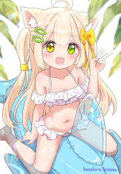 1girl :d ahoge animal_ear_fluff animal_ears artist_name barefoot bikini blonde_hair blush bow breasts cat_ears cat_girl collarbone commentary_request fish_hair_ornament green_eyes hair_bow hair_ornament hair_tubes hairclip halterneck hand_up hazakura_hinata heterochromia highres inflatable_orca inflatable_toy kurumi_(hazakura_hinata) long_hair looking_at_viewer navel off-shoulder_bikini off_shoulder open_mouth original parallel_hairclips ruffle_bikini simple_background sitting small_breasts smile solo swimsuit two_side_up v white_background white_bikini yellow_bow yellow_eyes