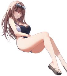 Rule 34 | 1girl, ass, black one-piece swimsuit, brown eyes, brown hair, closed mouth, curvy, expressionless, full body, gluteal fold, goddess of victory: nikke, hair intakes, highleg, highleg one-piece swimsuit, highres, long hair, official alternate costume, official art, one-piece swimsuit, rapi (classic vacation) (nikke), rapi (nikke), sandals, solo, sunglasses on head, swept bangs, swimsuit, transparent background, v-shaped eyebrows, wide hips