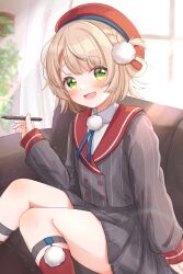 1girl absurdres beret blonde_hair blush curtains green_eyes hair_ornament hair_rings hat highres holding indie_virtual_youtuber looking_at_viewer matcha_november open_mouth pen pinstripe_pattern pinstripe_skirt pom_pom_(clothes) pom_pom_hair_ornament red_sailor_collar red_socks sailor_collar shigure_ui_(vtuber) socks thighs virtual_youtuber window