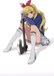 10s 1girl aikatsu! aikatsu!_(series) axe blonde_hair blood blood_stain bloody_weapon breasts covered_erect_nipples female_focus hair_ribbon hoshimiya_ichigo long_hair mebae planted planted_axe ribbon shadow sitting skirt small_breasts solo weapon