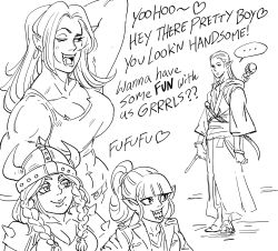 ... 1boy 3girls :d abs bb_(baalbuddy) blunt_bangs closed_mouth commentary dab_(dance) dwarf elf english_commentary english_text fake_horns female_goblin female_orc goblin greyscale hair_slicked_back hand_up heart height_difference helmet highres horned_helmet horns long_hair mole mole_under_mouth monochrome multiple_girls muscular muscular_female one_eye_closed open_mouth orc original pointy_ears ponytail robe scimitar sharp_teeth simple_background smile spoken_ellipsis staff sword tank_top teeth weapon white_background