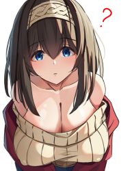 1girl ? absurdres argyle_clothes argyle_hairband bare_shoulders black_hair blue_eyes blue_skirt breasts brown_sweater cleavage collarbone covered_erect_nipples hair_between_eyes hairband highres idolmaster idolmaster_cinderella_girls large_breasts long_hair looking_at_viewer off-shoulder_sweater off_shoulder red_shawl sagisawa_fumika satoyama_meu shawl skirt solo sweater