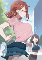 2girls absurdres black_skirt blue_sky blush bouncing_breasts breasts closed_eyes closed_mouth day from_side hair_bun highres ikesho0612 jogging large_breasts layered_skirt love_live! love_live!_nijigasaki_high_school_idol_club midriff multiple_girls outdoors pink_shirt shirt short_hair short_sleeves single_hair_bun single_side_bun skirt sky solo_focus speech_bubble sweat thighs translation_request uehara_ayumu
