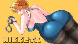 Rule 34 | 1girl, ass, back, black gloves, black pantyhose, blonde hair, blue eyes, character name, closed mouth, commentary request, cuffs, from behind, girls&#039; frontline, girls&#039; frontline 2: exilium, gloves, half gloves, hand up, handcuffs, highres, holding, holding handcuffs, looking at viewer, looking back, nikketa (girls&#039; frontline 2), pantyhose, partially fingerless gloves, shimogami migihidari, short hair, simple background, solo, vsk-94 (girls&#039; frontline), yellow background