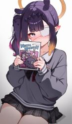 1girl absurdres ao-chan_(ninomae_ina&#039;nis) black_ribbon black_skirt blue_eyes blunt_bangs blush book center-flap_bangs collared_shirt colored_inner_hair commentary ear_blush english_commentary eyepatch gradient_hair grey_sweater halo highres holding holding_book hololive hololive_english koahri looking_at_viewer medium_hair miniskirt mole mole_under_eye multicolored_hair neck_ribbon ninomae_ina&#039;nis ninomae_ina&#039;nis_(school_uniform) official_alternate_costume official_alternate_hairstyle orange_hair pink_hair plaid_clothes plaid_skirt pointy_ears purple_hair ribbon shirt side_ponytail sidelocks simple_background skirt sleeves_past_wrists solo sweater tentacle_hair v-neck virtual_youtuber white_background white_shirt