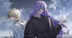 Rule 34 | 2boys, :d, back-to-back, belt, belt buckle, black belt, black choker, black jacket, black shirt, blonde hair, blue eyes, blue hair, buckle, choker, cloud, cloudy sky, crossed bangs, drawstring, earrings, facing away, grey eyes, hair between eyes, hashtag-only commentary, hibachi mana, highres, hood, hood down, hooded jacket, hoshirube sho, jacket, jewelry, jing (0r1 4), light particles, long hair, male focus, multicolored eyes, multicolored hair, multiple boys, nijisanji, off shoulder, open clothes, open jacket, open mouth, purple hair, ring, shirt, short hair, sky, sleeveless, sleeveless shirt, smile, streaked hair, stud earrings, teeth, upper body, upper teeth only, virtual youtuber, white jacket, yellow eyes