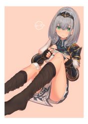 1girl absurdres applying_bandaid armor bad_id bad_pixiv_id bandaid bandaid_on_knee bandaid_on_leg black_gloves black_legwear blue_collar blush braid breasts collar fingerless_gloves gloves gold_trim green_eyes highres hololive large_breasts mole mole_on_breast shirogane_noel shirogane_noel_(1st_costume) silver_hair sitting solo t_t tearing_up tihoro1609 virtual_youtuber wrist_guards