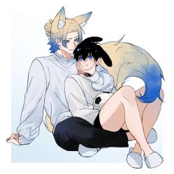 2boys :t animal_ear_fluff animal_ears black_hair black_pants black_shorts blonde_hair blue_eyes blue_hair blue_lock cheek_pinching closed_mouth commentary crossed_ankles eye_contact fox_boy fox_ears fox_tail gradient_hair grey_sweater hair_bun hand_on_another&#039;s_face highres indian_style itoshi_rin long_sleeves looking_at_another male_focus michael_kaiser multicolored_hair multiple_boys pants pinching rabbit_boy rabbit_ears right_ttttt shorts simple_background sitting sleeves_past_wrists slippers sweater tail white_background white_slippers yaoi