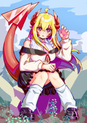 1girl :o ahoge bare_shoulders black_skirt blonde_hair blue_sky blush cloud curious curled_horns day dragon_girl dragon_horns dragon_tail frills grass hair_between_eyes hand_up heizi highres horns loafers long_hair long_sleeves looking_at_viewer loose_socks multicolored_hair neckerchief necktie open_mouth original outdoors red_eyes red_neckerchief rock shirt shoes sitting skirt sky socks solo surprised tail white_shirt