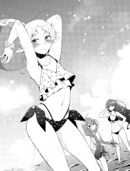 3girls absurdres alternate_costume arms_up ass ball beachball bikini blush braid breasts cleavage closed_mouth collarbone commentary_request dutch_angle elf eris_greyrat flat_chest frilled_bikini frills front-tie_bikini_top front-tie_top greyscale highres holding holding_above_head holding_ball holding_beachball horizon large_breasts long_braid long_hair looking_at_viewer monochrome multi-strapped_bikini_bottom multiple_girls mushoku_tensei nakami_chihiro navel ocean one-piece_swimsuit pointy_ears roxy_migurdia short_hair side-tie_bikini_bottom swimsuit sylphiette_(mushoku_tensei) thighs twin_braids wading water