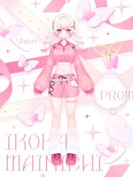 1girl belt blurry breasts bug butterfly character_name commentary_request full_body gradient_hair hair_ornament highres insect leg_warmers long_sleeves looking_at_viewer mainichi_ikoka multicolored_hair navel nekohashi official_art pink_belt pink_eyes pink_hair pink_shirt pink_shoes pink_shorts pink_theme promisu second-party_source shirt shoes shorts sleeves_past_wrists solo standing virtual_youtuber white_hair white_leg_warmers x_hair_ornament