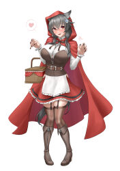 1girl absurdres animal_costume animal_ears basket black_garter_straps black_hair boots breasts brown_boots brown_thighhighs cloak cosplay elbow_carry frilled_skirt frills full_body garter_straps hair_between_eyes hair_ornament halloween_costume heart highres hip_vent holding holding_basket hood hooded_cloak huge_breasts jingei_(halloween)_(kancolle) jingei_(kancolle) kantai_collection large_breasts little_red_riding_hood little_red_riding_hood_(grimm) little_red_riding_hood_(grimm)_(cosplay) long_hair long_sleeves miniskirt picnic_basket red_cloak red_eyes red_skirt shushan skirt solo speech_bubble spoken_heart striped_clothes striped_thighhighs tail thighhighs vertical-striped_clothes vertical-striped_thighhighs whale_hair_ornament wolf_costume wolf_ears wolf_tail