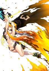 1girl agent_3_(splatoon) arms_up behind-the-head_headphones black_shoes bodypaint breasts cape closed_mouth domino_mask floating_cape full_body gun headphones highres holding holding_gun holding_water_gun holding_weapon inkling inkling_girl inkling_player_character jumping koharu2.5 light_frown long_hair looking_to_the_side mask melting naked_paint navel nintendo nude orange_hair paint_on_body paint_splatter purple_eyes shoes simple_background solo splatoon_(series) splatoon_2 splatoon_3 tentacle_hair water_gun weapon white_background