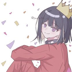 1boy blush closed_mouth confetti crown eyelashes looking_at_viewer male_focus matching_hair/eyes pants pink_eyes purple_hair red_pants red_shirt shirt sitting smile solo solo_focus the_hundred_line_-last_defense_academy- tsukumo_ima turning_head white_background
