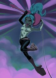 1girl belt blue_hair boots breasts colored_skin danny_phantom elbow_gloves electric_guitar ember_mclain full_body gloves green_eyes guitar highres instrument long_hair loose_belt makeup medium_breasts nipples pants pears_(pears_pears) ponytail runny_makeup single_elbow_glove solo teeth tongue tongue_out topless_female uneven_eyes