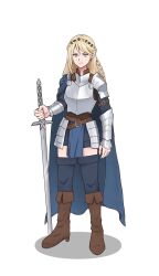 Rule 34 | 1girl, absurdres, armor, blonde hair, boots, braid, breastplate, brown boots, closed mouth, crown braid, eiyuu densetsu, elaine auclair, full body, green eyes, hair between eyes, highres, kuro no kiseki (series), long hair, parted bangs, pauldrons, planted, planted sword, planted weapon, raditya hito, shorts, shoulder armor, single pauldron, solo, standing, sword, tachi-e, third-party source, weapon