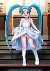 Rule 34 | 1girl, absurdres, bbmbbf, blue hair, blush, bride, clothes lift, dress, dress lift, flat chest, gloves, highres, masaki sasami jurai, palcomix, panties, panty peek, smile, socks, tail, tenchi muyou!, underwear, wedding dress, white gloves, white panties, white socks