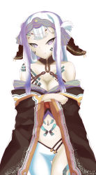 absurdres animal_ears aquaplus bare_shoulders bloodtypered breasts chest_tattoo cleavage closed_mouth crop_top face_paint hair_ornament hair_over_shoulder hairband highres japanese_clothes jewelry kimono large_breasts leg_tattoo long_hair long_sleeves looking_at_viewer midriff off_shoulder pants purple_eyes shoulder_tattoo sidelocks smile stomach_tattoo tattoo thighs tsukuyomi_(utawarerumono:_lost_flag) utawarerumono utawarerumono:_lost_flag very_long_hair white_hair wide_sleeves
