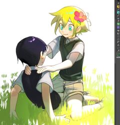 Rule 34 | 2boys, antenna hair, art program in frame, basil (faraway) (omori), basil (omori), black hair, black sweater vest, blonde hair, blue eyes, brown shorts, collared shirt, flower, grass, green sweater vest, hair flower, hair ornament, hands on another&#039;s shoulders, looking at another, male focus, multiple boys, naomifiction, omori, parted lips, shirt, short hair, short sleeves, shorts, socks, sunny (omori), sweatdrop, sweater vest, unfinished, white shirt, yaoi