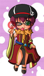 1girl animal animal_around_neck belt black-framed_eyewear black_hat black_shoes blue_belt blush closed_mouth commentary_request detached_sleeves dress fox full_body glasses green_eyes hat hat_ornament heart index_finger_raised looking_at_viewer monou0135 newsboy_cap one_eye_closed pelvic_curtain professor_(ragnarok_online) purple_background purple_hair ragnarok_online red_dress red_sleeves shoes short_hair skull_hat_ornament sleeveless sleeveless_dress smile solo standing striped_sleeves yellow_sleeves