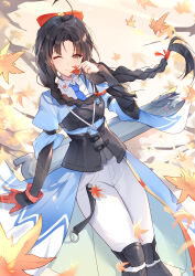1girl ;) absurdres ahoge arm_warmers autumn_leaves black_arm_warmers black_hair blue_coat blue_necktie bodice bow braid brown_eyes chinese_commentary chiyo_(strinova) closed_mouth coat collared_shirt commentary_request flat_chest gloves hair_bow highres holding holding_leaf knee_pads kyou_shuka leaf long_hair looking_at_viewer muneate necktie one_eye_closed pants parted_bangs partially_fingerless_gloves red_bow red_gloves shirt single_glove smile solo standing strinova tree twin_braids white_pants white_shirt
